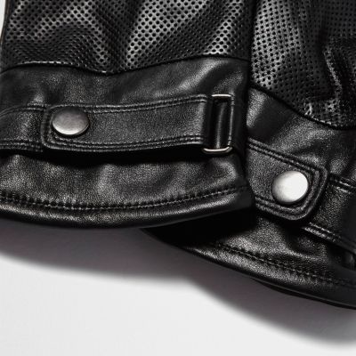 Black perforated leather biker gloves